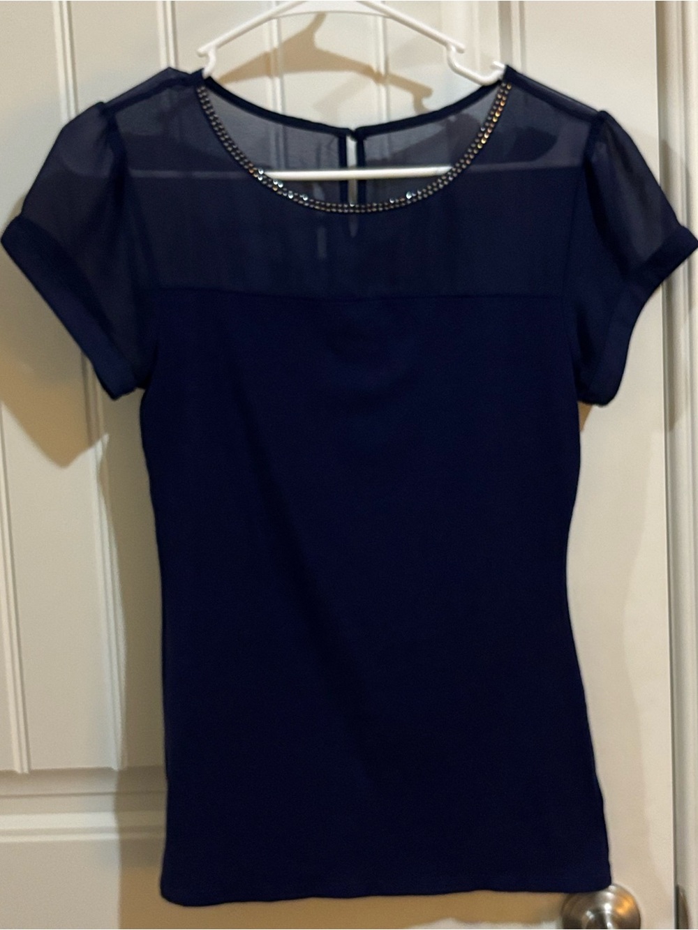 Express Navy Sheer Yoke Top with Beaded Collar